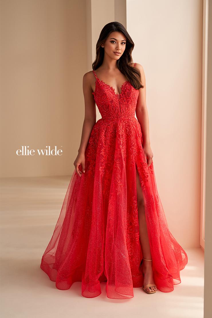 Ellie Wilde EW36226 V-Neck A-Line Gown with Slit