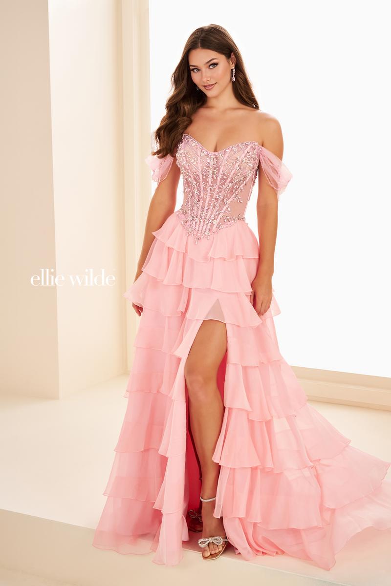 Ellie Wilde EW37018 Off-Shoulder Tiered A-Line Gown