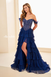 Ellie Wilde EW37018 Off-Shoulder Tiered A-Line Gown