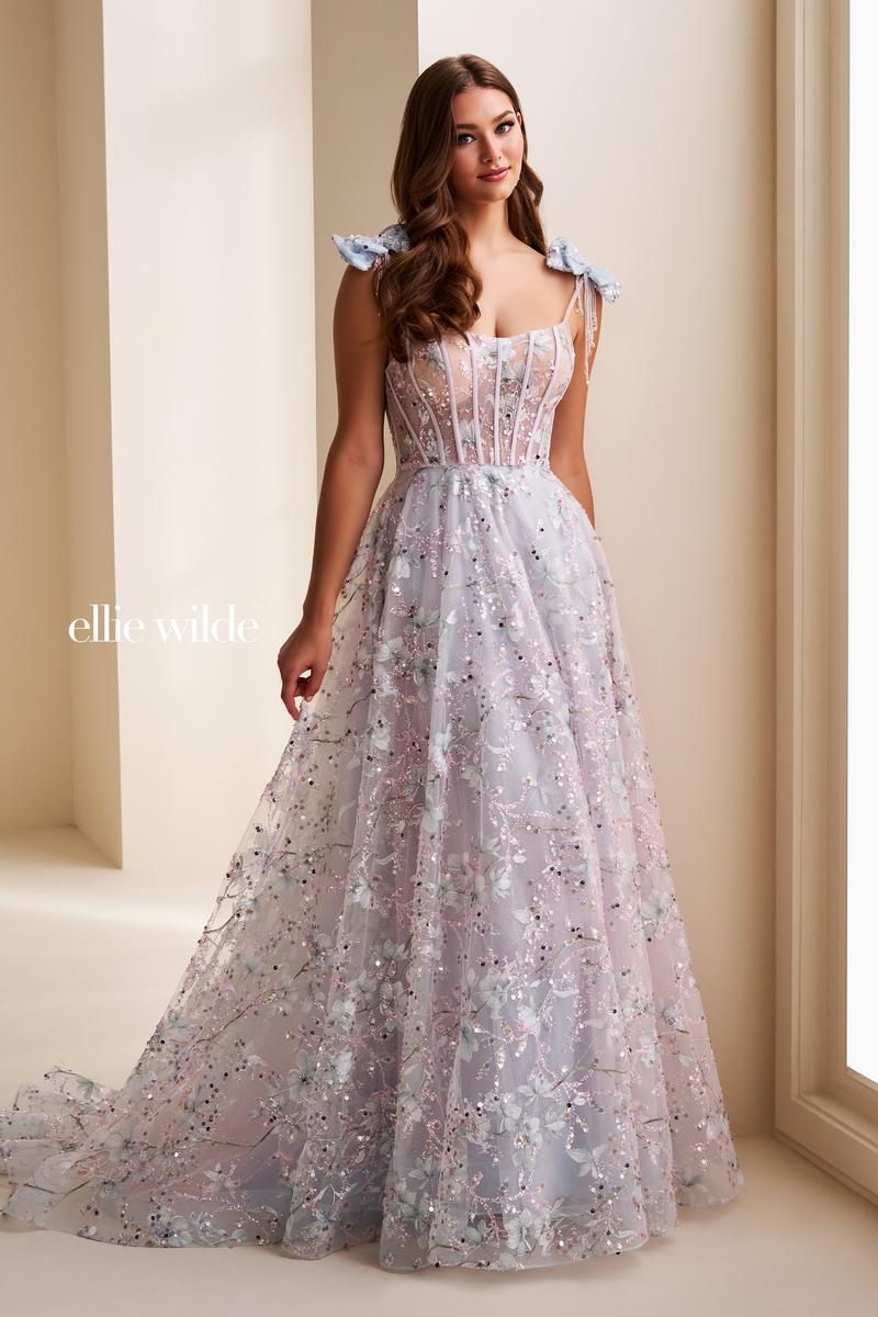 Ellie Wilde EW37020 Floral A-Line Gown with Sweetheart Neckline