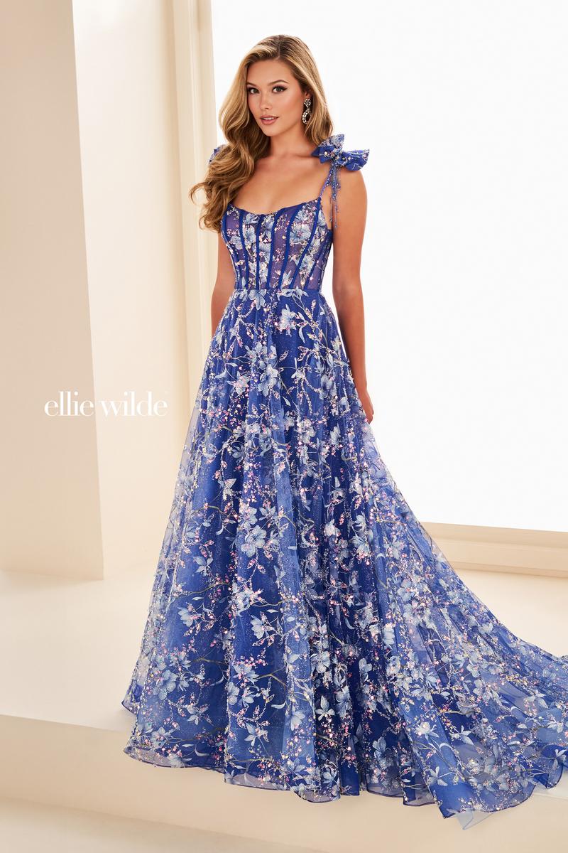 Ellie Wilde EW37020 Floral A-Line Gown with Sweetheart Neckline