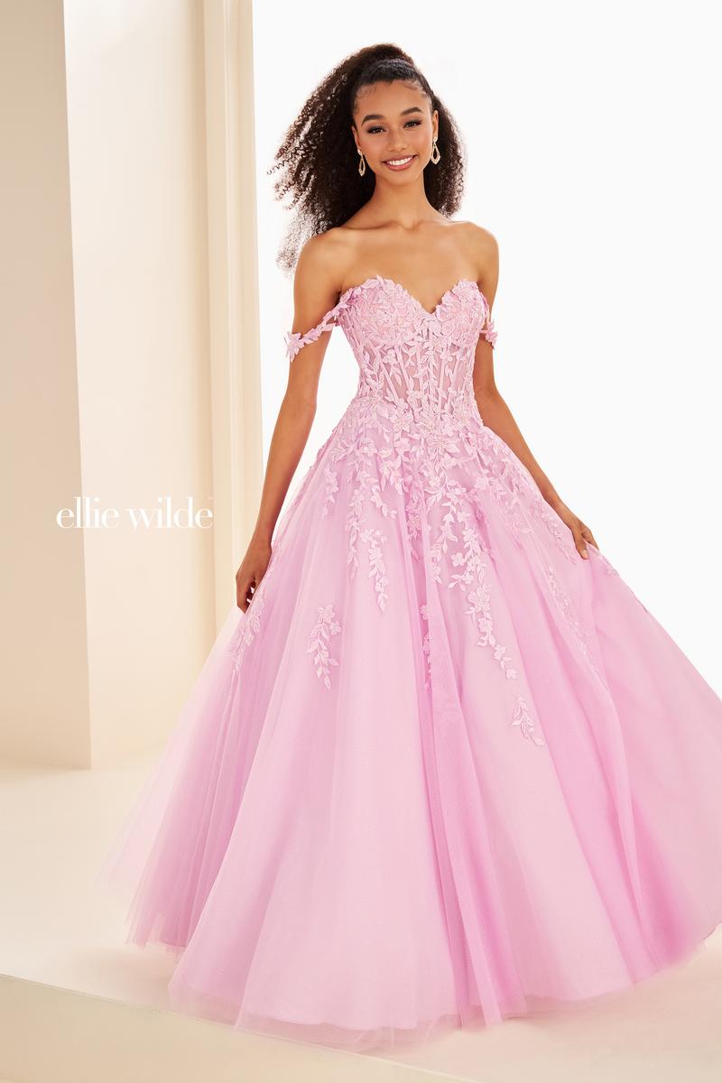 Ellie Wilde EW37028 Off-Shoulder Ballgown with Floral Appliqué