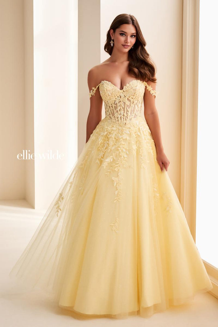 Ellie Wilde EW37028 Off-Shoulder Ballgown with Floral Appliqué