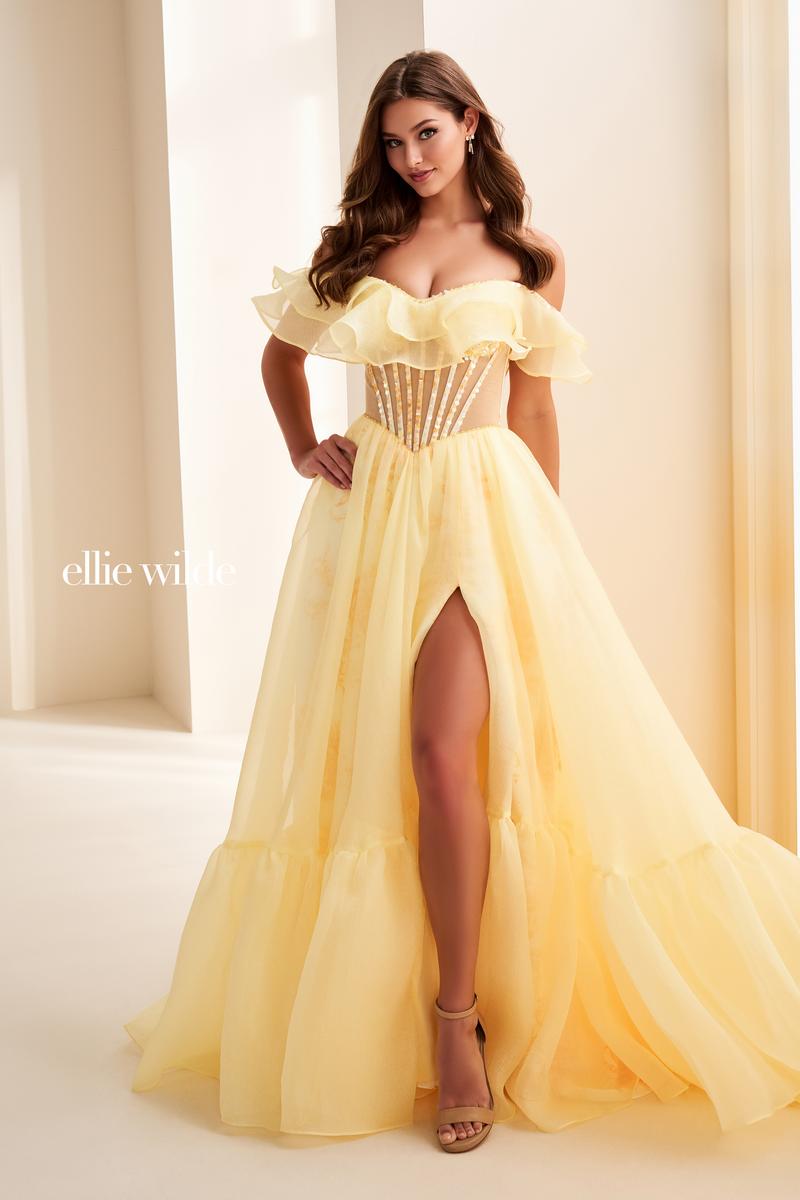 Ellie Wilde EW37029 Off-Shoulder A-Line Dress with High Slit