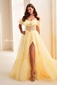 Ellie Wilde EW37029 Off-Shoulder A-Line Dress with High Slit