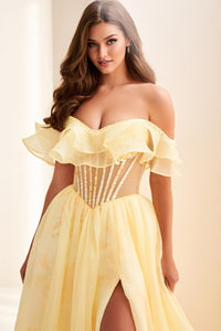 Ellie Wilde EW37029 Off-Shoulder A-Line Dress with High Slit