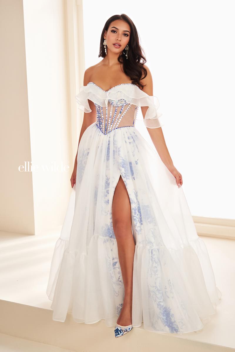Ellie Wilde EW37029 Off-Shoulder A-Line Dress with High Slit