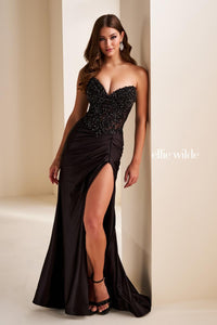Ellie Wilde EW37044 Strapless Beaded Fitted Gown with High Slit