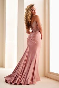 Ellie Wilde EW37044 Strapless Beaded Fitted Gown with High Slit