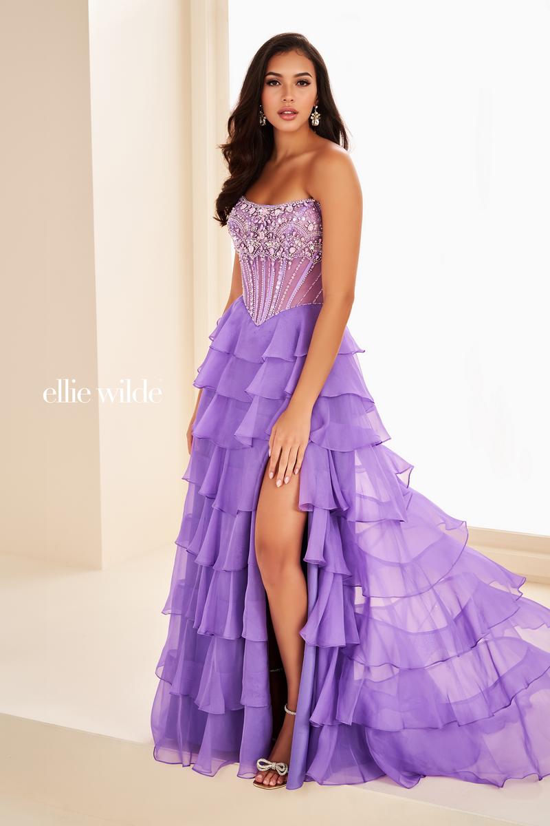 Ellie Wilde EW37057 Strapless High-Slit Layered Gown