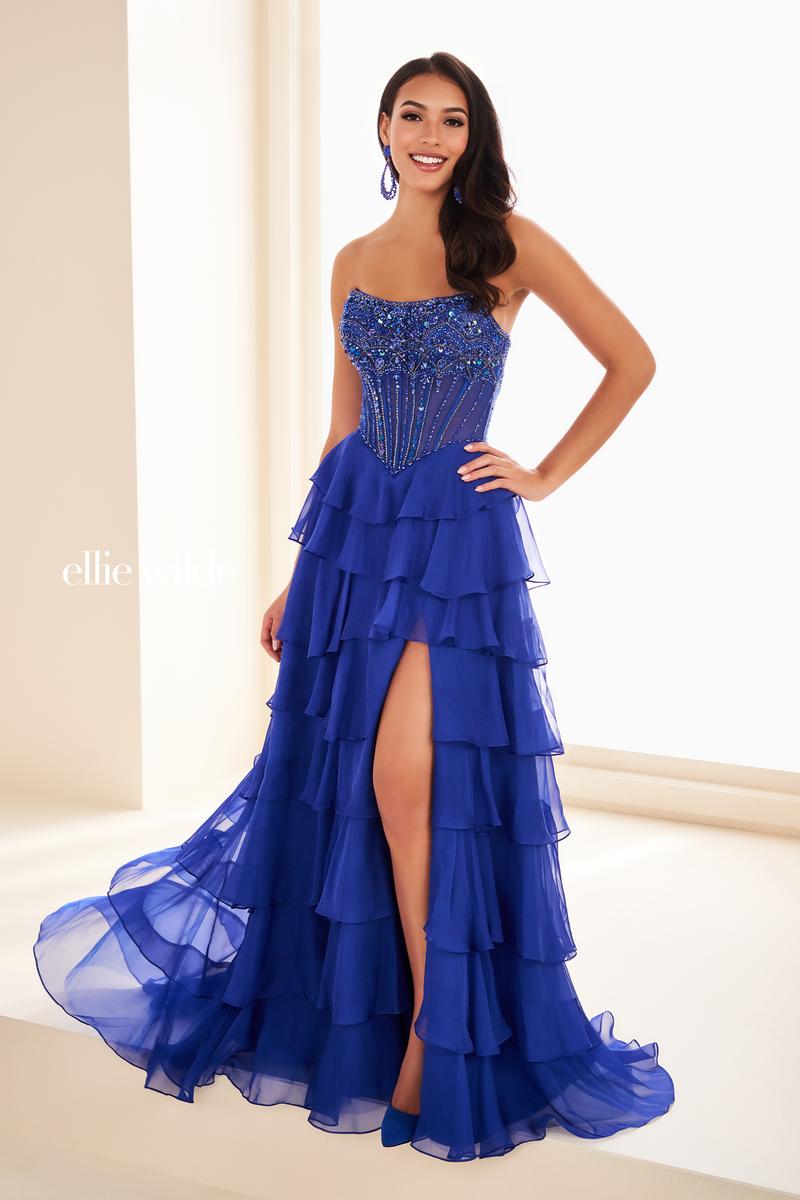 Ellie Wilde EW37057 Strapless High-Slit Layered Gown