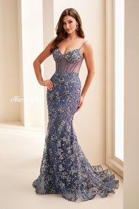 Ellie Wilde EW37058 Spaghetti Strap Embellished Fitted Gown