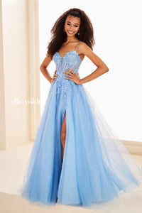 Ellie Wilde EW37072 Spaghetti Strap A-Line Gown with Slit