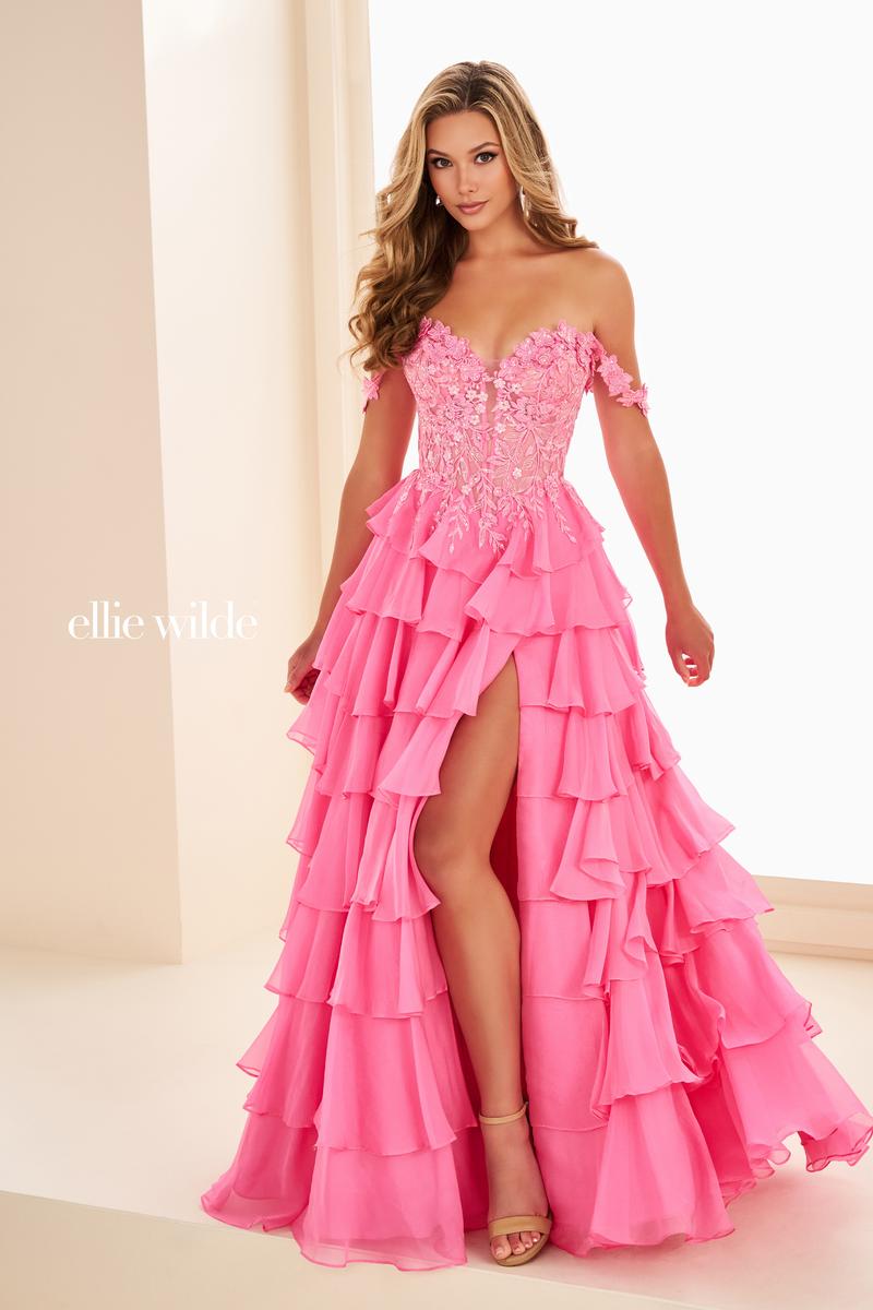 Ellie Wilde EW37108 Off-Shoulder Floral Appliqué A-Line Gown