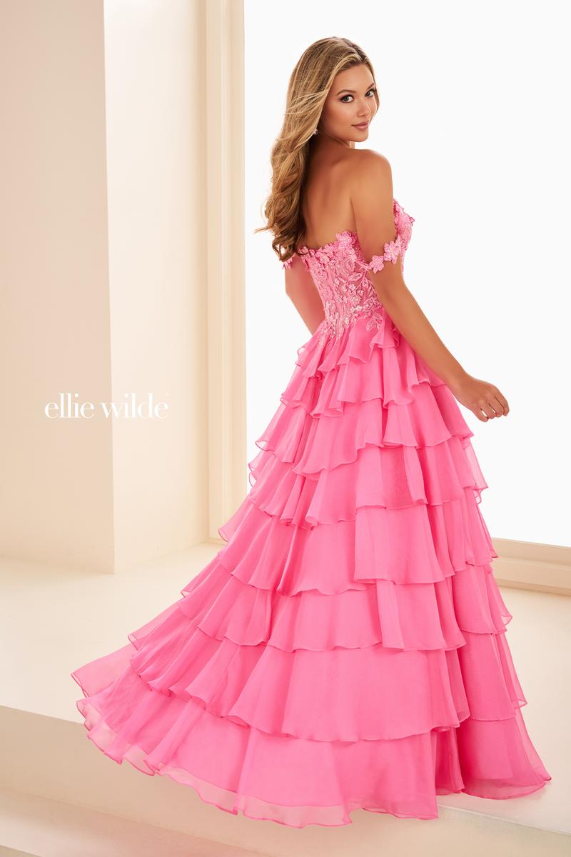 Ellie Wilde EW37108 Off-Shoulder Floral Appliqué A-Line Gown