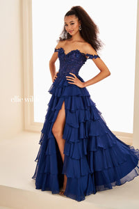 Ellie Wilde EW37108 Off-Shoulder Floral Appliqué A-Line Gown