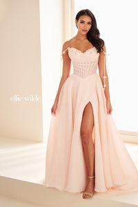 Ellie Wilde EW37111 Off-Shoulder A-Line Gown with Floral Embellishments