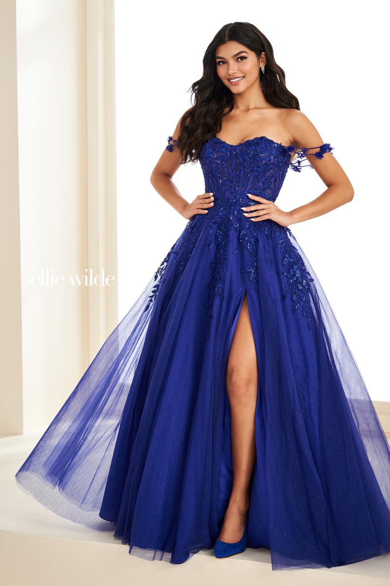 Ellie Wilde EW37208 Off-Shoulder A-Line Dress with Slit
