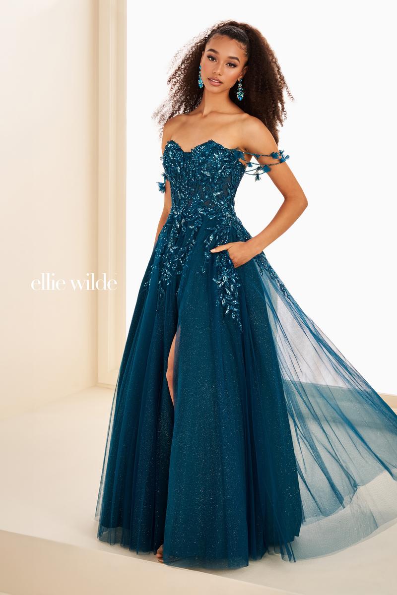 Ellie Wilde EW37208 Off-Shoulder A-Line Dress with Slit