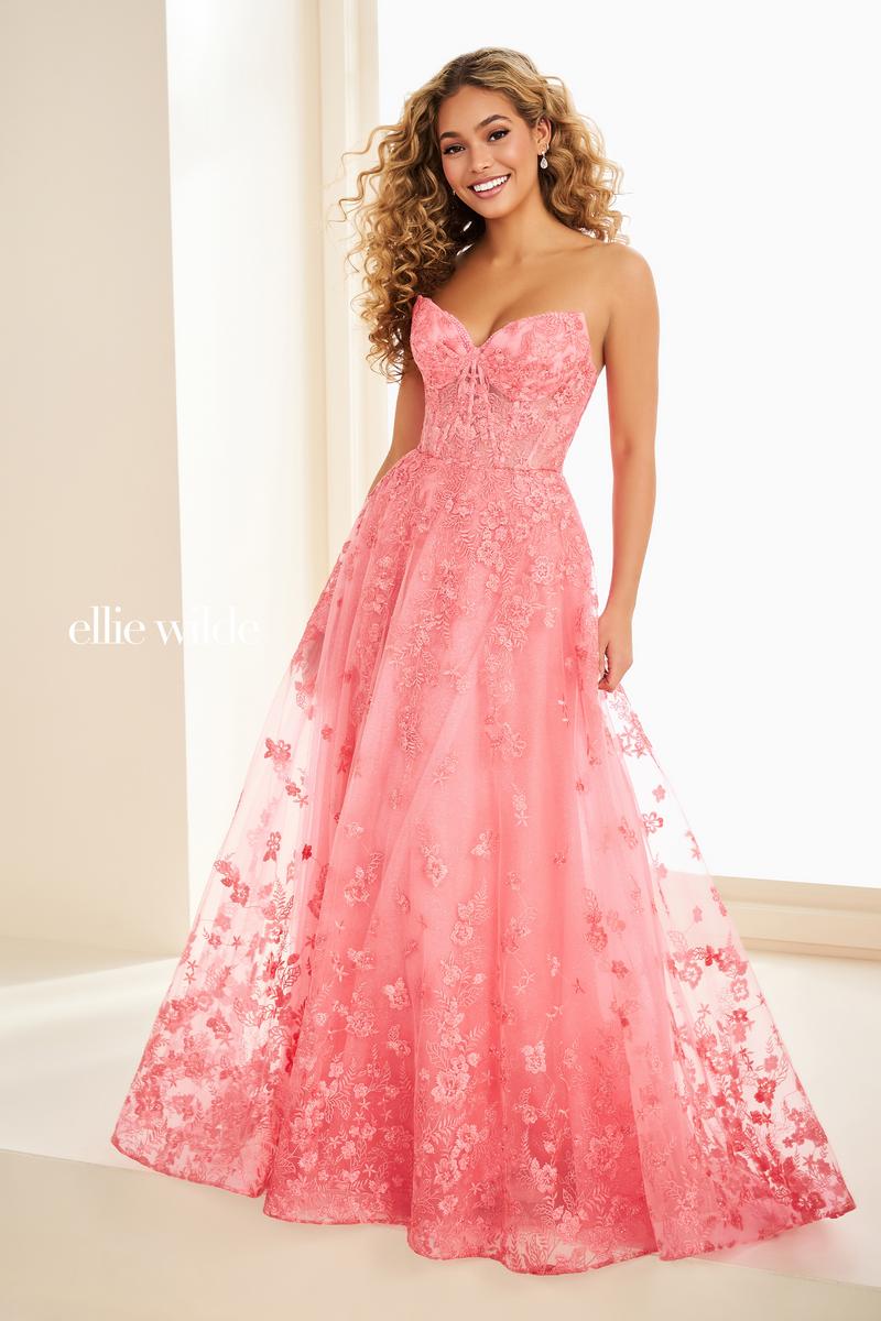 Ellie Wilde EW37225 Strapless A-Line Floral Gown