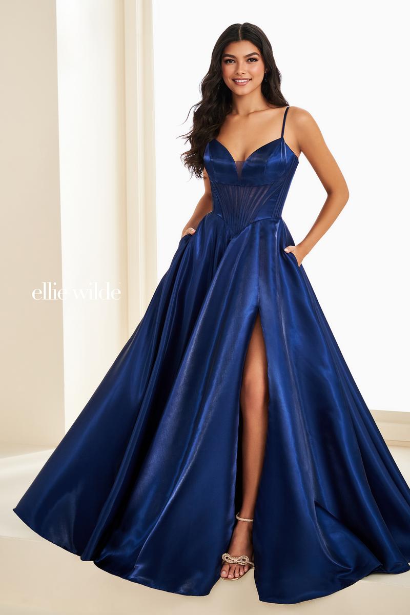 Ellie Wilde EW37226 Spaghetti Strap A-Line Gown with Slit