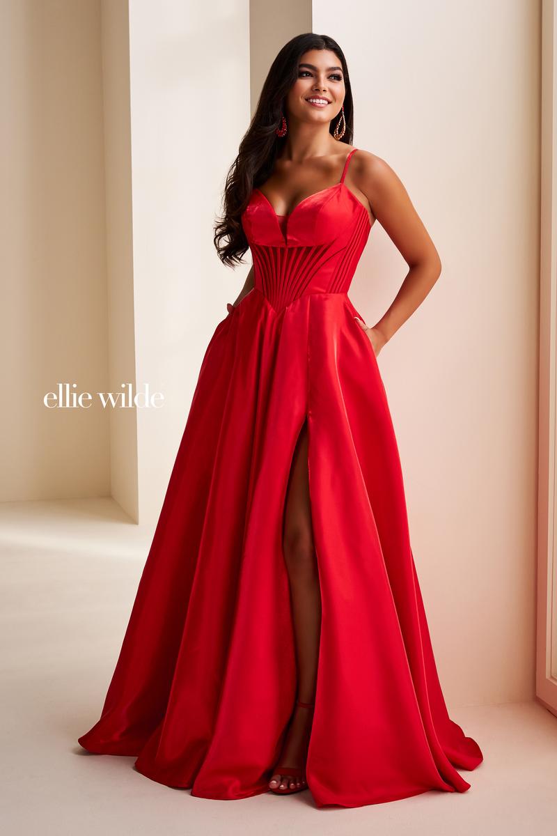 Ellie Wilde EW37226 Spaghetti Strap A-Line Gown with Slit