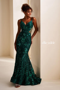 Ellie Wilde EW37227 Sequin Fit and Flare Gown with Spaghetti Straps