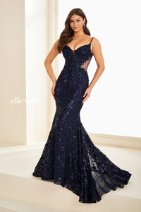 Ellie Wilde EW37227 Sequin Fit and Flare Gown with Spaghetti Straps