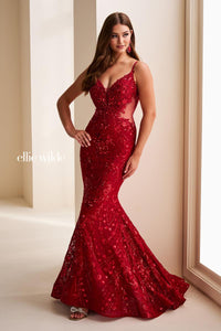 Ellie Wilde EW37227 Sequin Fit and Flare Gown with Spaghetti Straps