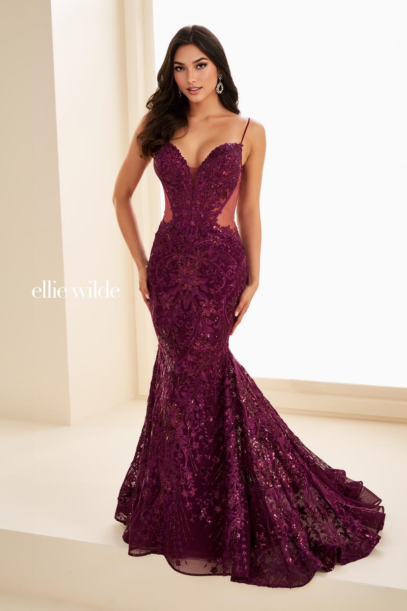 Ellie Wilde EW37227 Sequin Fit and Flare Gown with Spaghetti Straps