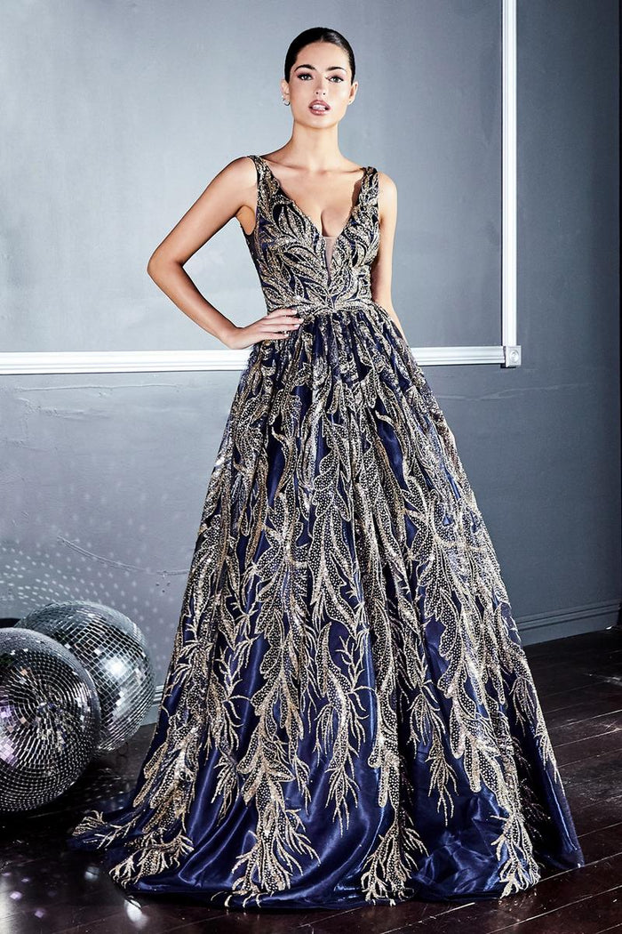 Ladivine Dress J812 - Plunging Neckline, Long Fit and Flare Silhouette