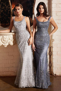 Ladivine Dress J814 - Plunging Neckline, Floral Fit and Flare Gown