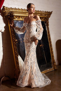 Ladivine J816 Floral Sheer Bodice Long Gown with Slit