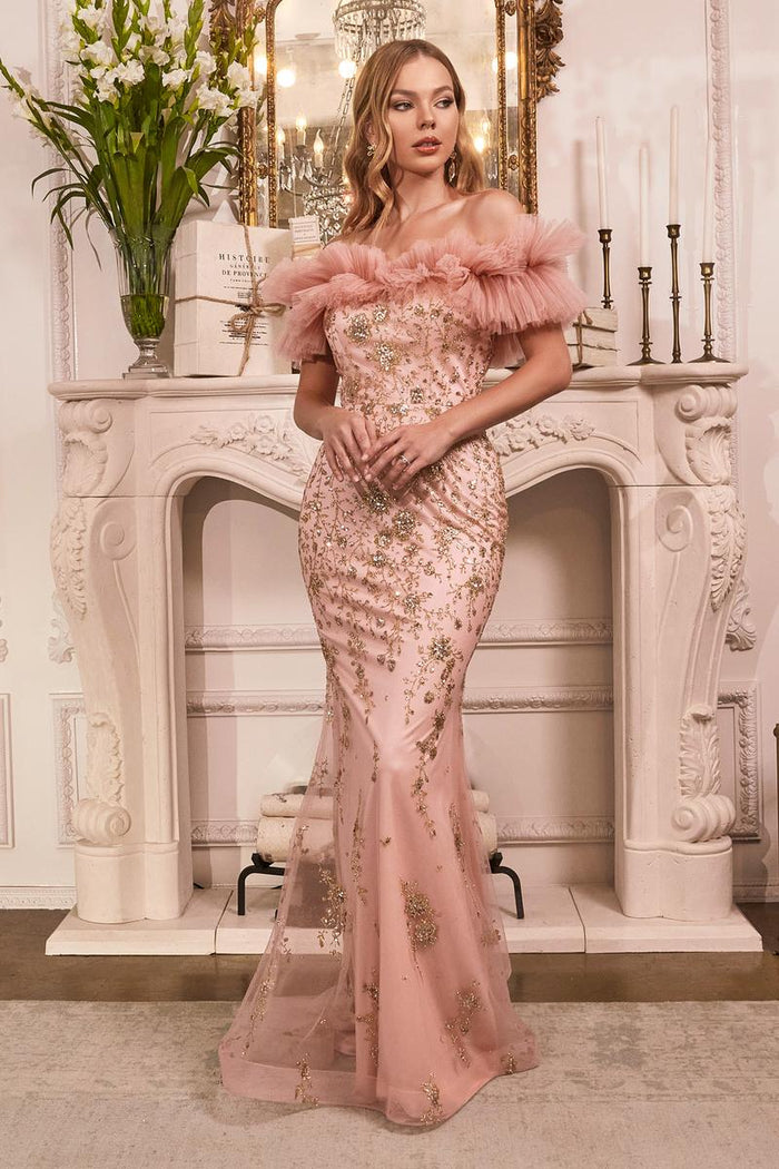 Ladivine Dress J818 - Floral Spaghetti Strap Gown with High Slit