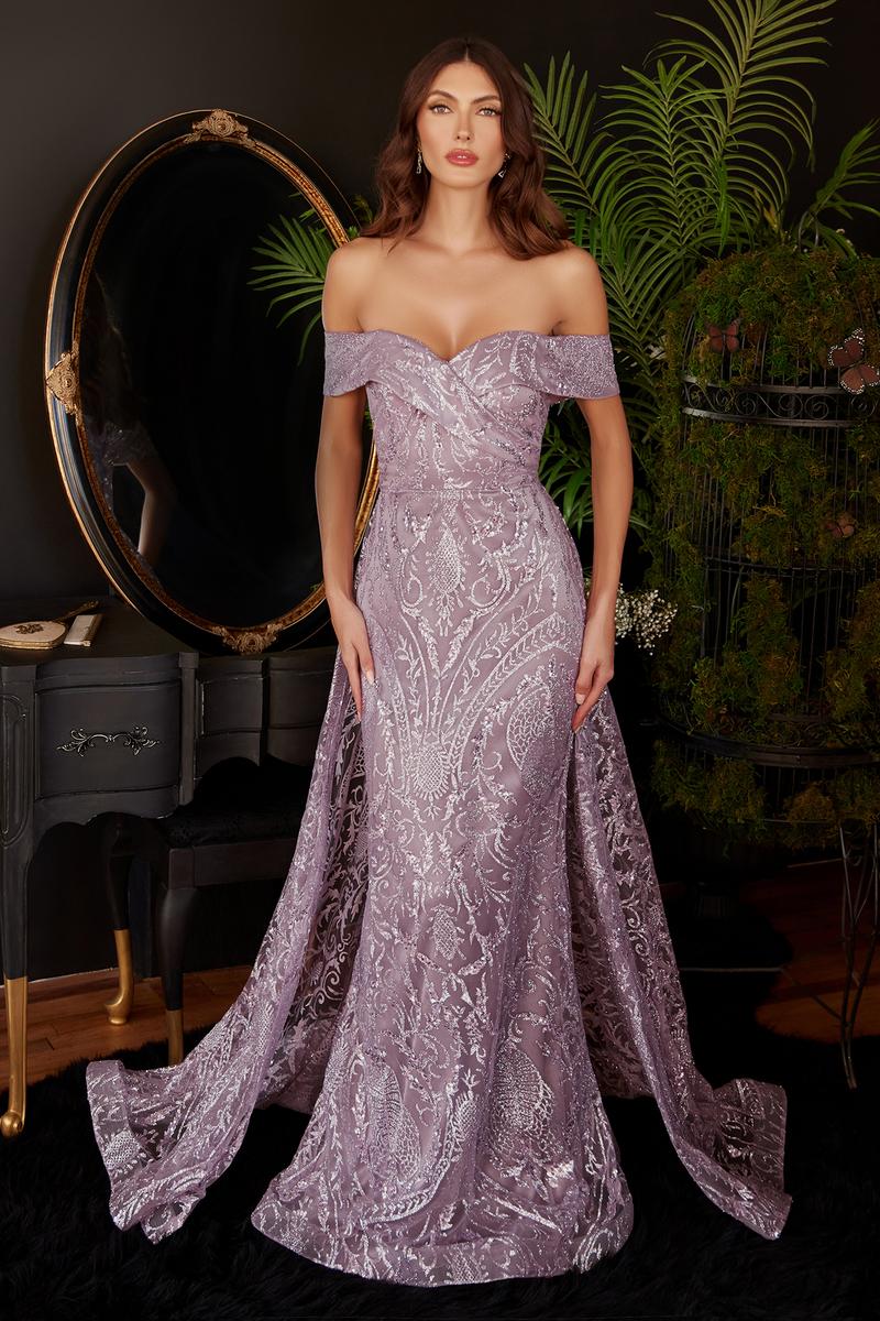 Ladivine Dress J836 - Plunge Neckline, Long Floral Fit and Flare