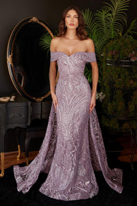 Ladivine Dress J836 - Plunge Neckline, Long Floral Fit and Flare
