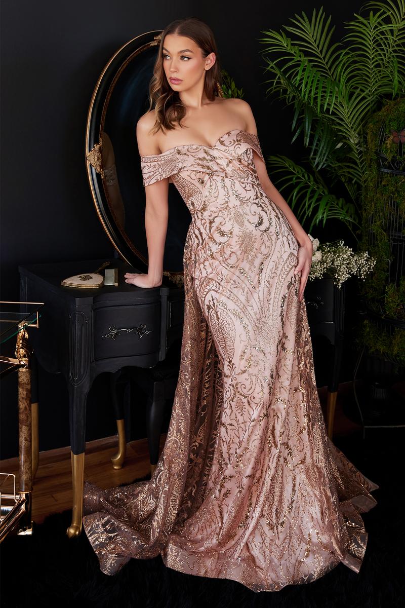 Ladivine Dress J836 - Plunge Neckline, Long Floral Fit and Flare