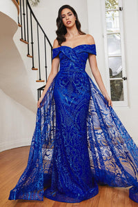Ladivine Dress J836 - Plunge Neckline, Long Floral Fit and Flare