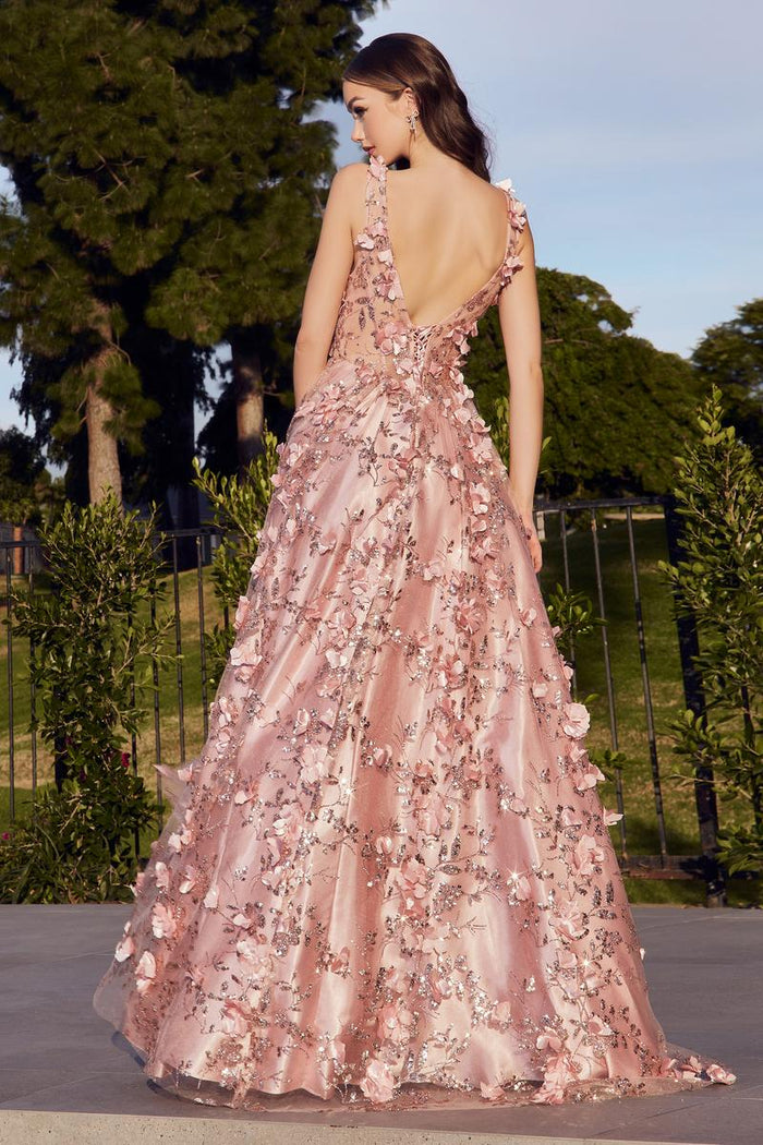 Ladivine Dress J838 Spaghetti Strap Floral Fit and Flare Gown