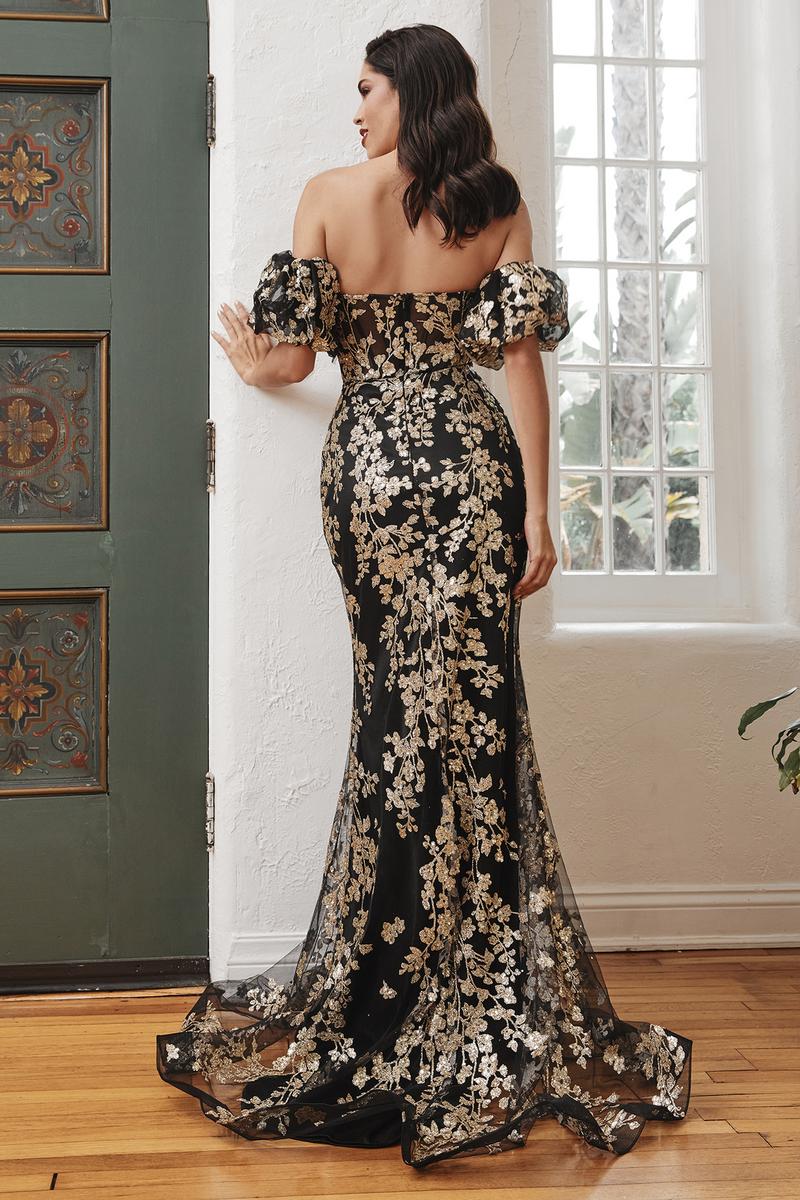 Ladivine Dress J844 - Plunging Neckline, Long Floral Fit and Flare