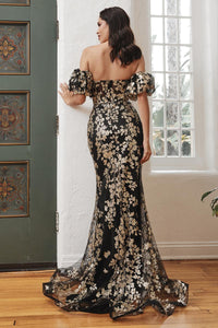 Ladivine Dress J844 - Plunging Neckline, Long Floral Fit and Flare