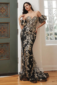 Ladivine Dress J844 - Plunging Neckline, Long Floral Fit and Flare