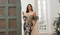 Ladivine Dress J844 - Plunging Neckline, Long Floral Fit and Flare
