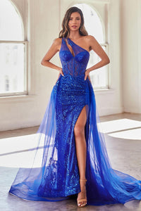 Ladivine Dress J869 - Plunge Neckline, Long Floral Fit and Flare