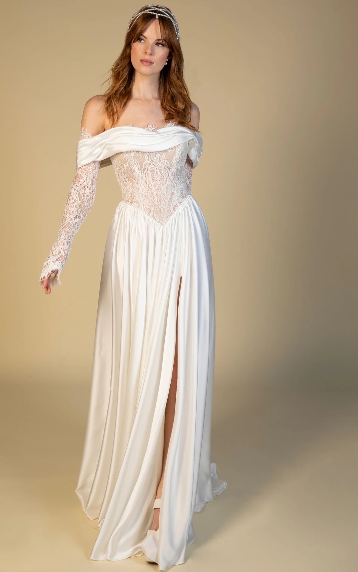 34785-Off-The-Shoulder Lace and Satin Chiffon A-Line Wedding Gown