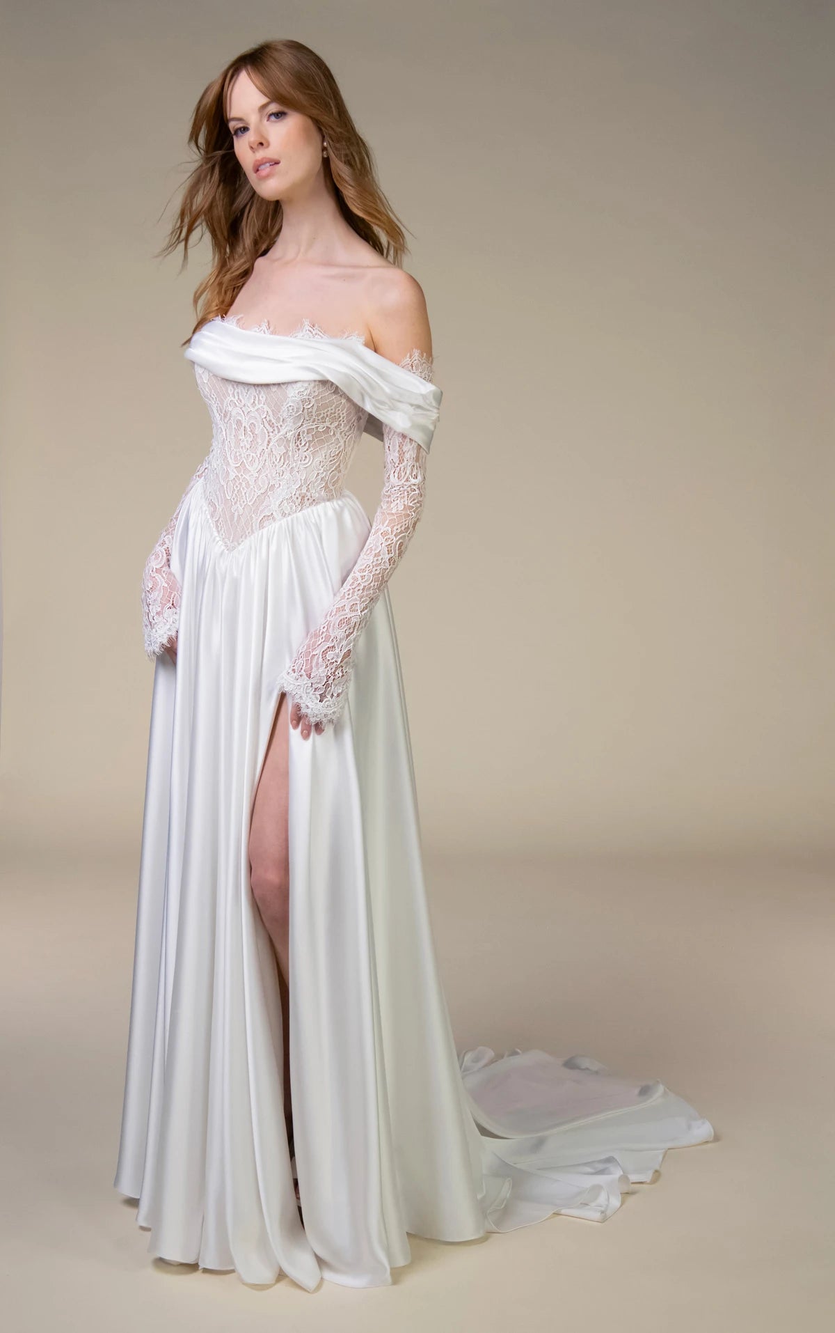 34785-Off-The-Shoulder Lace and Satin Chiffon A-Line Wedding Gown