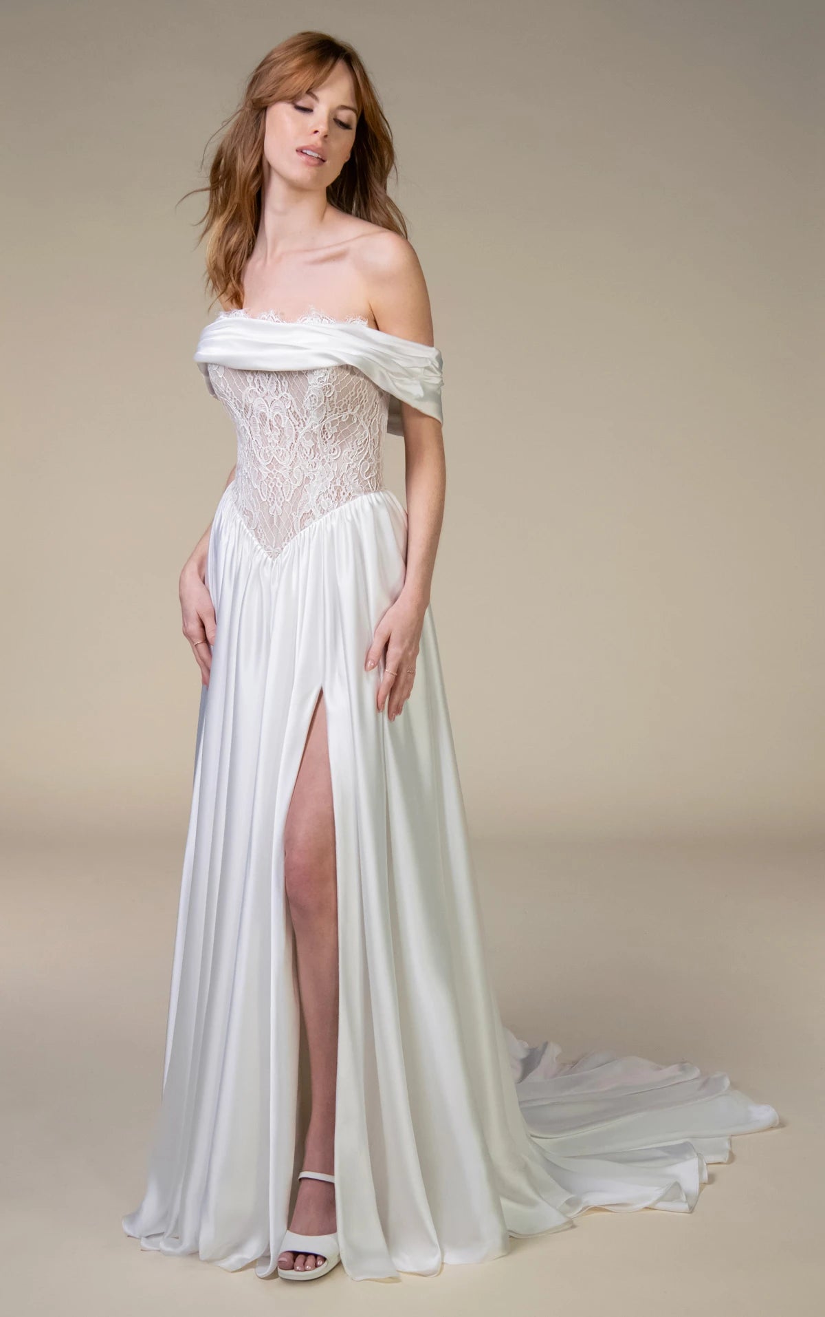 34785-Off-The-Shoulder Lace and Satin Chiffon A-Line Wedding Gown