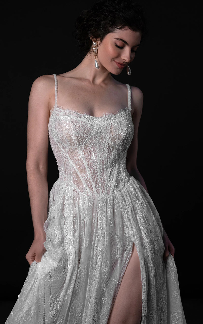 33622 - Beaded Chantilly Lace A-Line Wedding Dress with High-Leg Slit