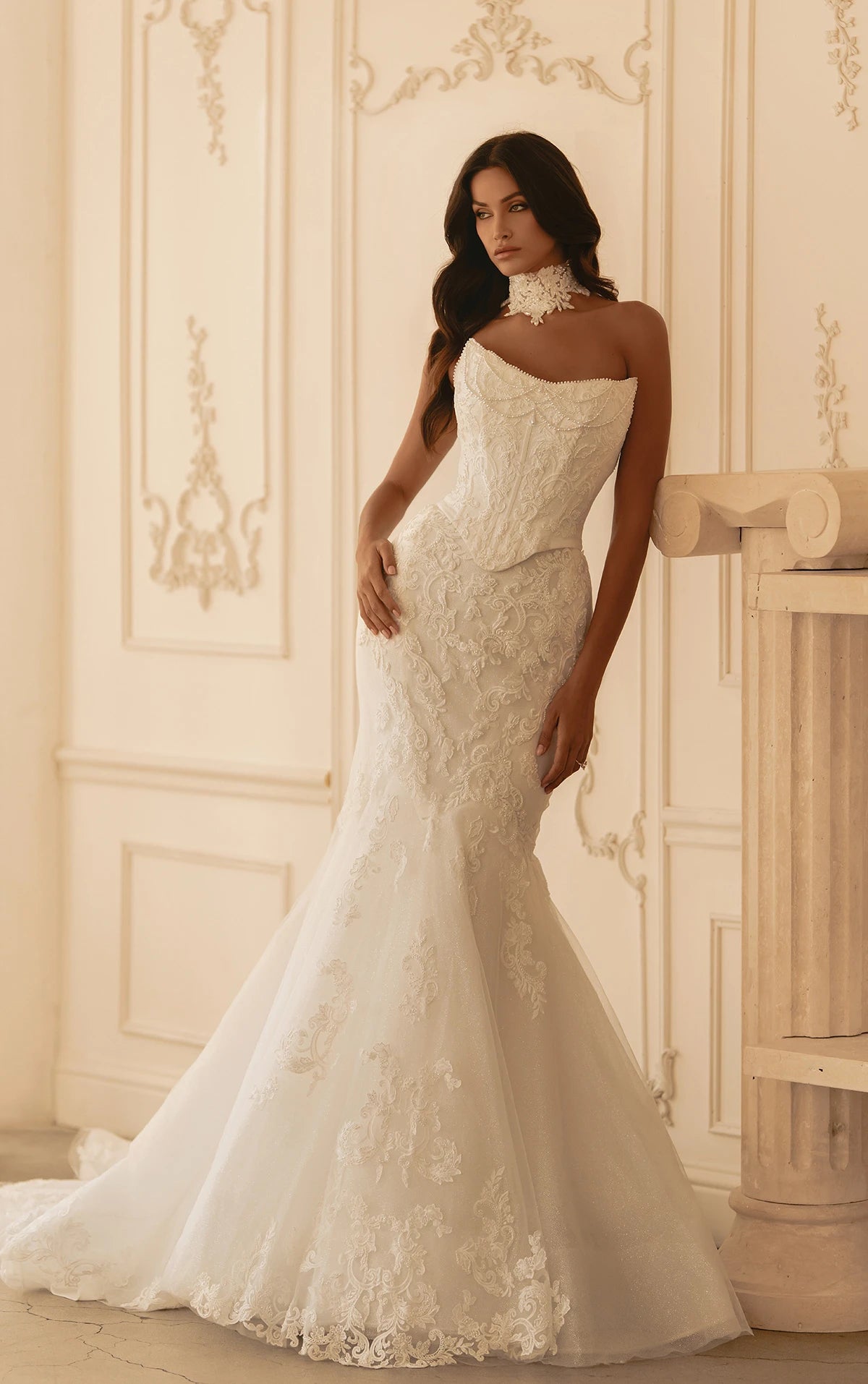 33623 - Cat-Eye Beaded Trumpet Wedding Dress with Faux Two-Piece Design