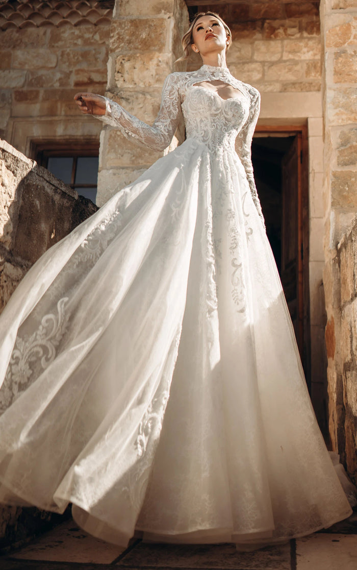 34810-High-Neck Long Sleeve Lace A-Line Wedding Gown